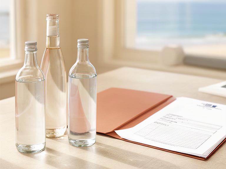 Botellas de agua y documentos de privacidad sobre una mesa de trabajo luminosa en San Sebastián