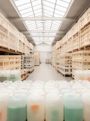 Envases retornables de agua preparados para su recogida y nuevo uso en un almacén ordenado
