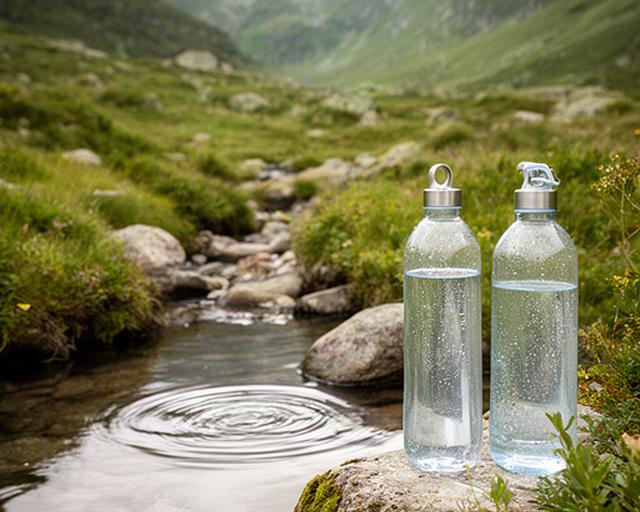 Botellas de agua junto a un manantial del Valle de Arán, rodeadas de vegetación y luz natural