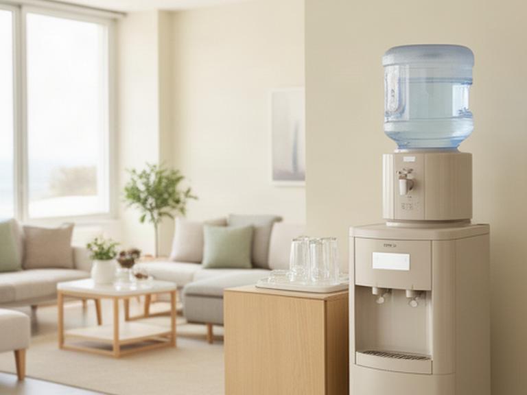Dispensador de agua frío y caliente junto a una zona de descanso luminosa en una oficina de San Sebastián