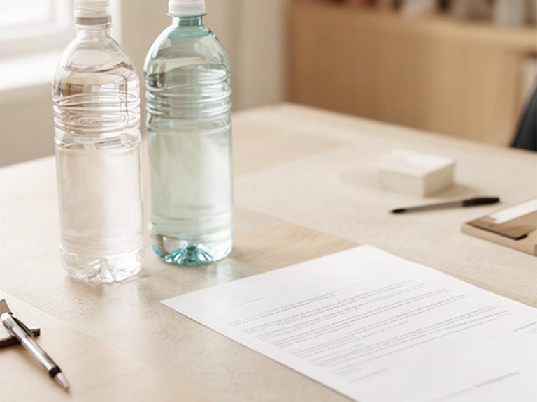 Botellas de agua y un documento contractual sobre una mesa de oficina luminosa en San Sebastián