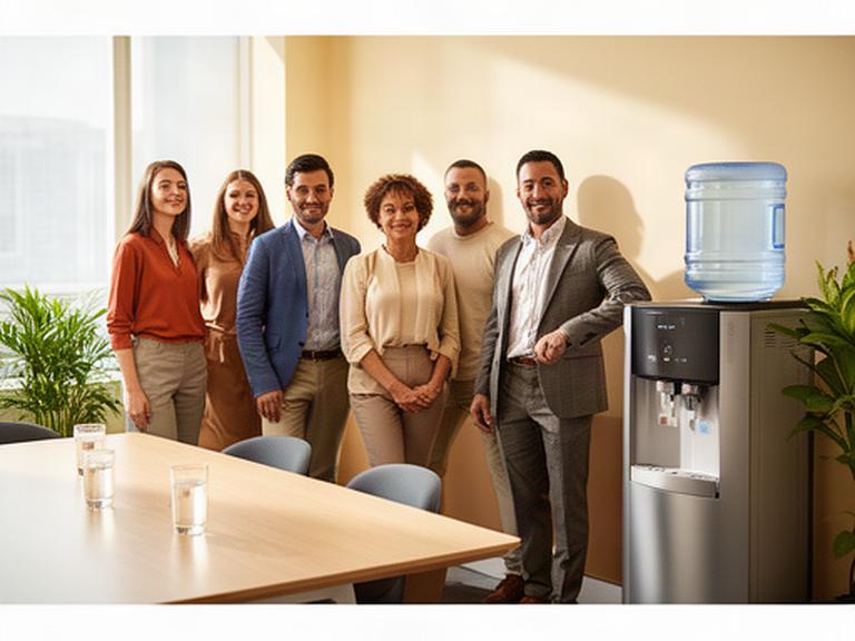 Equipo de oficina en San Sebastián junto a un dispensador de agua en una sala luminosa